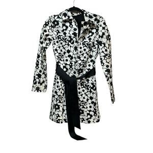 ZINC Black White Floral Print Belted Trench Coat Jacket Women's Small S